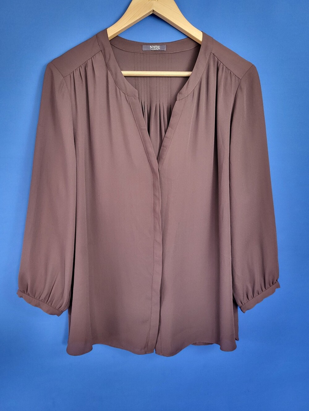 NYDJ Button Up Blouse XL Dark Plum Burgundy Wine 3/4 Puff sleeve